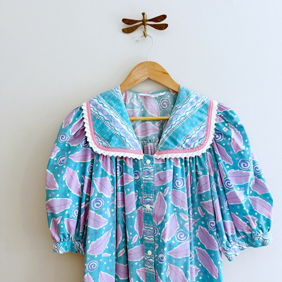 Vintage Pastel Blue & Purple Leaf Print Midi Dress - Picture 2 of 7